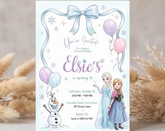 Peut inclure: Une carte d'invitation d'anniversaire avec un nœud bleu clair, des ballons violets et bleus, et des illustrations d'Elsa, Anna et Olaf. Le texte indique : You're Invited! To a Magical Frozen Birthday, Elsie's is turning 5!, Saturday, October 15, 2:00 PM - 4:00 PM, Arendelle Castle Party Room, 123 Snowy Lane, RSVP TO Sarah at (555) 123-4567.
