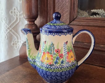 Neue Teekanne mit besonderem Unikat-Blumenmuster, handbemalt, polnische Keramik aus Bolesławiec