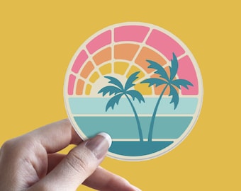 BEACHY Sunset Water Palm Trees Vinyl Sticker Weatherproof, beach stickers, laptop stickers, water bottle stickers, tumbler stickers