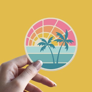 BEACHY Sunset Water Palm Trees Vinyl Sticker Weatherproof, beach stickers, laptop stickers, water bottle stickers, tumbler stickers