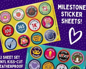 MILESTONE Vinyl Sticker Sheet Set 5X7, 24 Stickers, Weatherproof, Achievement, Bike Sticker, Merit Badge, I&#39;m in a Cult, 100 Rides, 1K