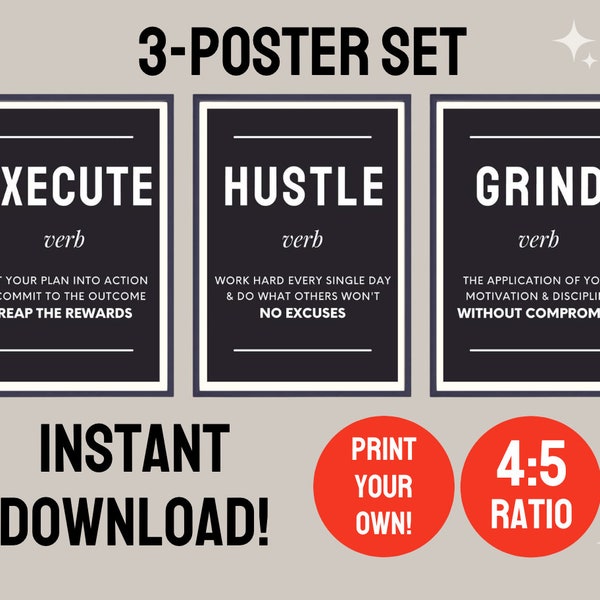 EXECUTE HUSTLE GRIND Verbs 3-Poster - Motivationsposter Sofortiger Download, Digitale Datei, Print-at-home 4: 5 Seitenverhältnis 8x10 - 16x20 - 24x30