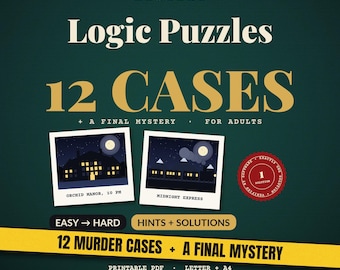 Puede incluir: Una portada de libro de acertijos lógicos titulada Mystery Logic Puzzles 12 Cases + A Final Mystery For Adults. Incluye dos ilustraciones estilo polaroid de una mansión y un tren, un sello rojo y pancartas amarillas con texto.