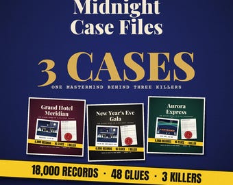 Puede incluir: Juego Midnight Case Files con tres casos de misterio: Grand Hotel Meridian, New Year's Eve Gala y Aurora Express. El fondo azul oscuro muestra el texto 3 CASES ONE MASTERMIND BEHIND THREE KILLERS y 18,000 RECORDS 48 CLUES 3 KILLERS.