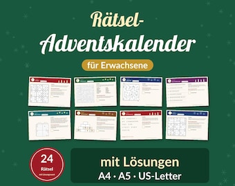 Puede incluir: Un calendario de adviento verde con 24 acertijos para adultos, incluyendo Sudoku, sopas de letras y laberintos. El texto dice Rätsel-Adventskalender für Erwachsene, mit Lösungen, A4, A5, US-Letter y 24 Rätsel mit Lösungswort.