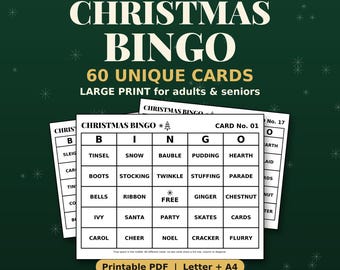 Puede incluir: Un conjunto de tarjetas de Bingo navideño con 60 diseños únicos en letra grande. Las tarjetas son blancas con texto negro, incluyendo una cuadrícula con palabras como Tinsel, Snow y Santa. El fondo es verde oscuro con estrellas blancas.