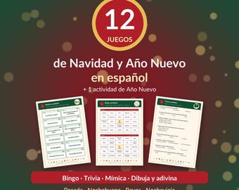 Puede incluir: Una colección de hojas de juegos imprimibles para Navidad y Año Nuevo en español. El gráfico presenta el texto 12 JUEGOS de Navidad y Año Nuevo en español + 1 actividad de Año Nuevo, con tres tarjetas de ejemplo para mímica, bingo y trivia.