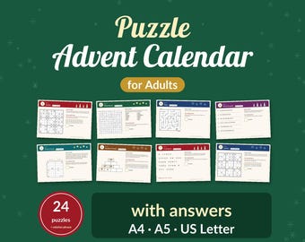 Puede incluir: Un calendario de Adviento de rompecabezas para adultos con 24 acertijos y soluciones en tamaños A4, A5 y US Letter. El fondo verde oscuro muestra ocho hojas de muestra con sudokus, sopas de letras, laberintos y pirámides numéricas.