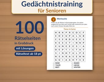 Puede incluir: Un libro de entrenamiento de memoria para personas mayores con 100 páginas de rompecabezas en letra grande, soluciones y texto de 18 pt. La portada muestra el título Gedächtnistraining für Senioren y una sopa de letras con el tema Im Garten.