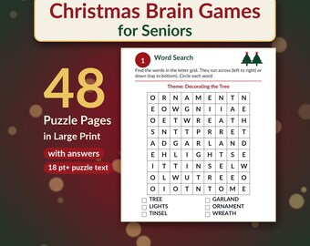 Puede incluir: Un libro de juegos mentales navideños para personas mayores con 48 páginas de rompecabezas en letra grande, texto de 18 pt+ y respuestas. La portada muestra una sopa de letras titulada Decorating the Tree con palabras como ornament, wreath y garland.