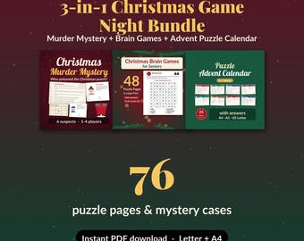 Puede incluir: Un paquete de 3 juegos para la noche de Navidad que incluye un misterio, juegos mentales y un calendario de adviento de acertijos. El set contiene 76 páginas de acertijos y casos, disponible como descarga PDF en formatos A4 y Letter.