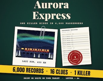Puede incluir: Materiales del juego Aurora Express con una polaroid de un tren bajo auroras boreales con el texto Last Run, 450 KM, un registro de pasajeros con sello rojo y una banda amarilla que indica 6,000 records, 16 clues, 1 killer.