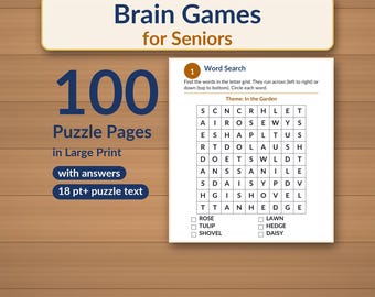 Puede incluir: Un libro titulado Brain Games for Seniors con 100 páginas de acertijos en letra grande con texto de 18 pt+ y respuestas. La portada muestra una sopa de letras con el tema In the Garden, incluyendo una cuadrícula de letras y una lista.