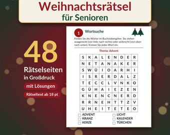 Puede incluir: Un libro de pasatiempos navideños para personas mayores con 48 páginas en letra grande y soluciones. La portada muestra el título Weihnachtsratsel fur Senioren y una cuadrícula de sopa de letras con el tema Adviento y una lista.