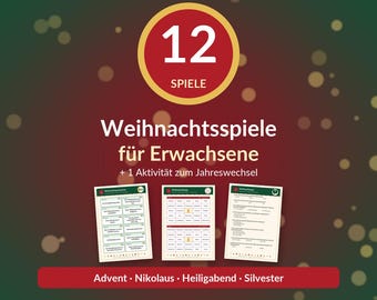 Puede incluir: Una colección de juegos digitales con 12 juegos y 1 actividad de Año Nuevo. El gráfico rojo y verde muestra el texto 12 SPIELE, Weihnachtsspiele für Erwachsene, y Advent, Nikolaus, Heiligabend, Silvester con tres tarjetas de juego.
