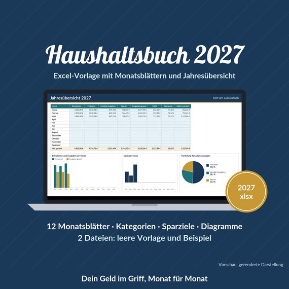 Haushaltsbuch Excel 2027 Vorlage: Budgetplaner mit Monatsblättern, Jahresübersicht und Sparzielen, Deutsch