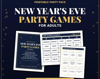 Juegos imprimibles para fiestas de Nochevieja para adultos: Bingo, Sopa de letras, Rompecabezas de lógica, ¿Quién es más probable que...? Paquete de juegos de Nochevieja
