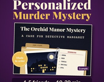 Puede incluir: Un kit de juego de misterio de asesinato personalizado titulado The Orchid Manor Mystery, A Case for Detective Margaret. Incluye una carpeta manila etiquetada como Case Files, una escena nocturna de una mansión y una lista de sospechosos: Anna, Ben, Carla, Dmitri y Eva.
