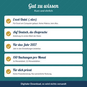 Puede incluir: Un gr&aacute;fico informativo de color verde azulado con cuadros de texto blancos que enumeran los detalles del producto. El texto incluye 'Gut zu wissen', 'Kurz und ehrlich', 'Excel-Datei (.xlsx)', 'Auf Deutsch, du-Ansprache', 'F&uuml;r das Jahr 2027', '150 Buchungen pro Monat', 'F&uuml;r dich privat' y 'Digitaler Download, es wird nichts versandt'.