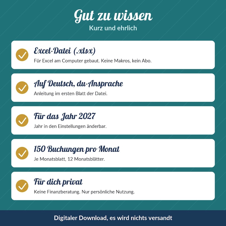 Puede incluir: Un gr&aacute;fico informativo de color verde azulado con cuadros de texto blancos que enumeran los detalles del producto. El texto incluye 'Gut zu wissen', 'Kurz und ehrlich', 'Excel-Datei (.xlsx)', 'Auf Deutsch, du-Ansprache', 'F&uuml;r das Jahr 2027', '150 Buchungen pro Monat', 'F&uuml;r dich privat' y 'Digitaler Download, es wird nichts versandt'.