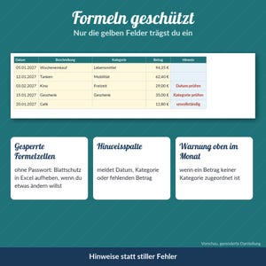 Puede incluir: Una plantilla de hoja de c&aacute;lculo digital sobre un fondo verde azulado con el texto en alem&aacute;n Formeln gesch&uuml;tzt, Nur die gelben Felder tr&auml;gst du ein. Incluye una tabla con columnas para fecha, descripci&oacute;n, categor&iacute;a, importe y notas.