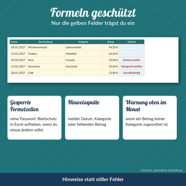 Puede incluir: Una plantilla de hoja de c&aacute;lculo digital sobre un fondo verde azulado con el texto en alem&aacute;n Formeln gesch&uuml;tzt, Nur die gelben Felder tr&auml;gst du ein. Incluye una tabla con columnas para fecha, descripci&oacute;n, categor&iacute;a, importe y notas.