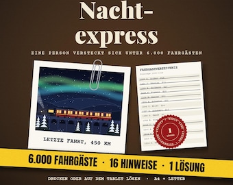 Puede incluir: Un juego titulado Nacht-express con una polaroid de un tren bajo auroras boreales, una lista de pasajeros y una banda amarilla con el texto 6.000 FAHRGÄSTE - 16 HINWEISE - 1 LÖSUNG. El diseño incluye un sello rojo y un clip sobre fondo marrón.