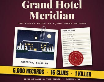 Puede incluir: Un juego titulado Grand Hotel Meridian con una polaroid de un hotel de noche, un registro de huéspedes con un sello rojo y una banda amarilla con el texto 6,000 RECORDS - 16 CLUES - 1 KILLER. El texto dice One killer hides in 6,000 guest records.