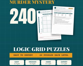 Puede incluir: Un conjunto de acertijos de lógica Murder Mystery con 240 rompecabezas que van desde niveles fáciles hasta expertos. Se muestran dos hojas de papel blanco, una con una cuadrícula lógica y la otra con una historia titulada The Weeping Willow Homestead.