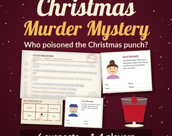 Puede incluir: Un juego de misterio de asesinato navideño con el texto Who poisoned the Christmas punch? que incluye un registro de invitados, tarjetas de personajes de Aunt Marigold y Uncle Barnaby, un plano de Holly Hollow Inn y un vaso de ponche rojo.