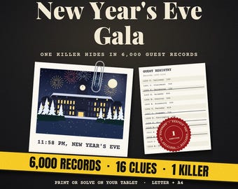 Puede incluir: Un kit de juego de misterio New Year's Eve Gala con una imagen estilo polaroid de un edificio con fuegos artificiales, una lista de invitados con un sello rojo y una cinta amarilla con el texto 6,000 RECORDS - 16 CLUES - 1 KILLER.