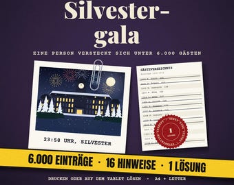 Puede incluir: Un juego titulado Silvester-gala con una polaroid de un edificio de noche con fuegos artificiales, una lista de invitados con un sello rojo y una banda amarilla con el texto 6.000 EINTRÄGE - 16 HINWEISE - 1 LÖSUNG sobre fondo morado.