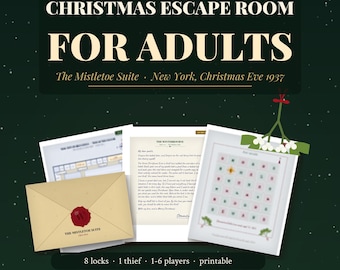 Puede incluir: Un juego de escape navideño imprimible titulado Christmas Escape Room For Adults: The Mistletoe Suite, New York, Christmas Eve 1937. Incluye un sobre color canela con un sello de cera rojo, una carta de The Winterbourne y una cuadrícula de rompecabezas.