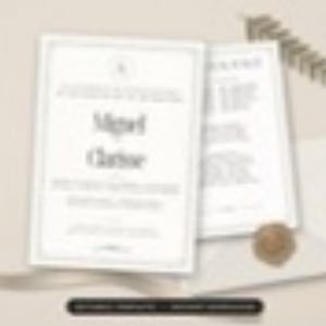 May include: A white wedding invitation card featuring the names Miguel and Clarisse in a dark serif font, enclosed in a matching envelope with a circular wax seal and a decorative fern leaf accent placed on the side of the stationery set.