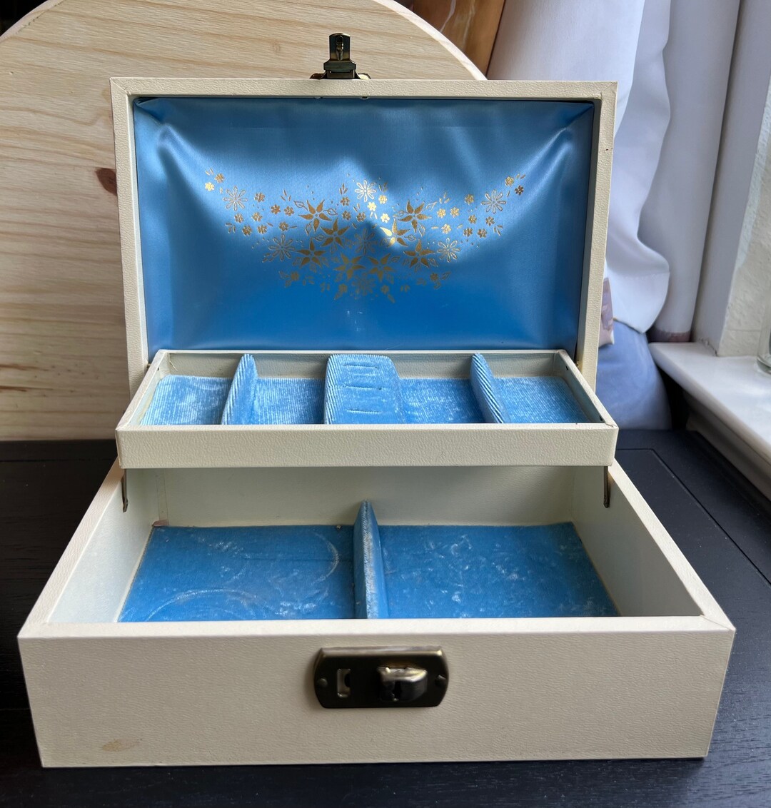 Vintage Cream Faux Leather Blue Velvet Jewelry Box Etsy