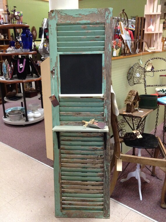 Items similar to Antique shutter shelf with chalkboard and hooks on Etsy