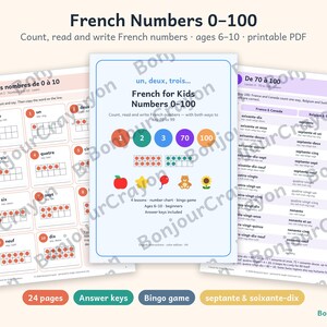 Peut inclure: Un ensemble éducatif imprimable pour apprendre les nombres français de 0 à 100, comprenant trois pages avec des tableaux de nombres, des cadres à dix, des exercices de comptage et un jeu de bingo. Les pages incluent des icônes colorées.