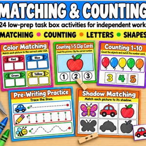 May include: Educational task box activity set featuring colorful worksheets for matching, counting, letters, and shapes. Includes cards for color matching, counting 1-5, counting 1-10, pre-writing practice, and shadow matching with wooden clips.