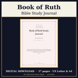 Könnte beinhalten: Ein Book of Ruth Bibelstudienjournal als digitaler Download mit 17 Seiten in US Letter und A4. Das hellrosa Cover mit dünnem Rand zeigt den Titel, 10 geführte Lesesitzungen und den Bibelvers Ruth 1,16.