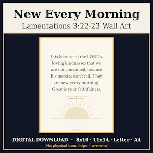 May include: A rectangular wall art print featuring the text New Every Morning Lamentations 3:22-23. The cream-colored background displays the verse in black serif font above a minimalist sun graphic and the citation Lamentations 3:22-23.