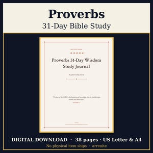 May include: A digital Proverbs 31-Day Bible Study journal with a cream-colored cover featuring the text Proverbs 31-Day Wisdom Study Journal, 31 guided reading sessions, and the Bible verse Proverbs 1:7 in dark brown serif font.