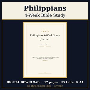 Könnte beinhalten: Ein cremefarbenes Einband für ein Bibelstudien-Journal mit dunklem Text, der Philippians 4-Week Study Journal, 10 guided reading sessions und einen Bibelvers aus Philipper 1,6 enthält. Das Dokument ist ein digitaler Download im A4-Format.