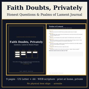 May include: A digital journal titled Faith Doubts, Privately: Questions, Lament & Honest Prayer. The dark blue cover features white text and four rectangular boxes. An interior page displays Psalms of Lament with scripture verses.