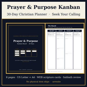 May include: A Prayer & Purpose Kanban 30-Day Christian Planner featuring a dark blue cover with gold text and a white board layout. The text includes Prayer & Purpose Kanban Board 30 Days and Your word is a lamp to my feet, and a light for my path.