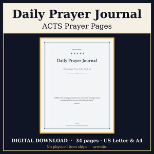 May include: A Daily Prayer Journal with ACTS prayer pages featuring 30 undated pages for Praise, Confess, Thank, and Ask. The cover includes Psalm 5:3 text, a gold border, and is available as a digital download in US Letter size.