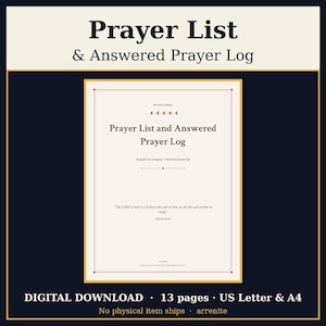May include: A digital prayer journal page with a cream background and dark text. The title reads Prayer List and Answered Prayer Log, followed by the subtitle Requests by category and the Bible verse Psalm 145:18 in dark lettering.