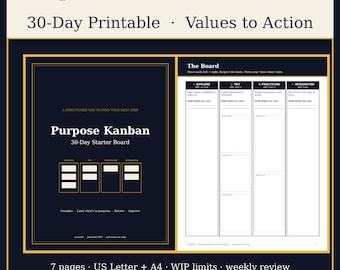 Purpose Kanban Board Printable, 30 Day Self Discovery Planner, Values to Action Goal Tracker, Life Direction Worksheet PDF