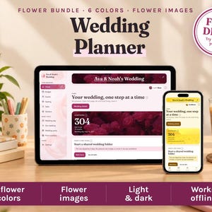 Bloemrijke bruiloftplanner-app, gastenlijst bijhouden, budget, zitplaatsen, checklist, dagplanning, 6 bloemkleuren