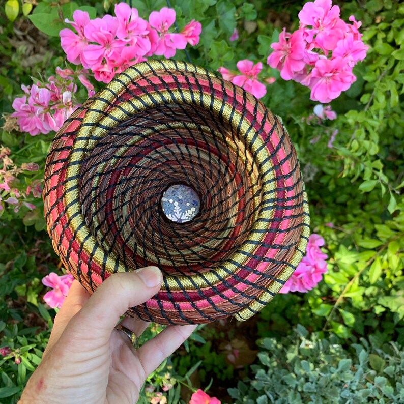 Winter Berry coiled pine needle trinket basket