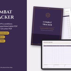 Può includere: Un set di tracker di combattimento digitale con una copertina viola scuro, linee geometriche dorate e il testo COMBAT TRACKER. Il set include una visualizzazione su tablet che mostra una griglia di iniziativa con campi compilabili e schede.